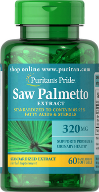 Miniatura de Puritan's Pride Saw Palmetto 320 mg 60 Rapid Release Softgels promove a saúde da próstata e apoia o fluxo do trato urinário.
