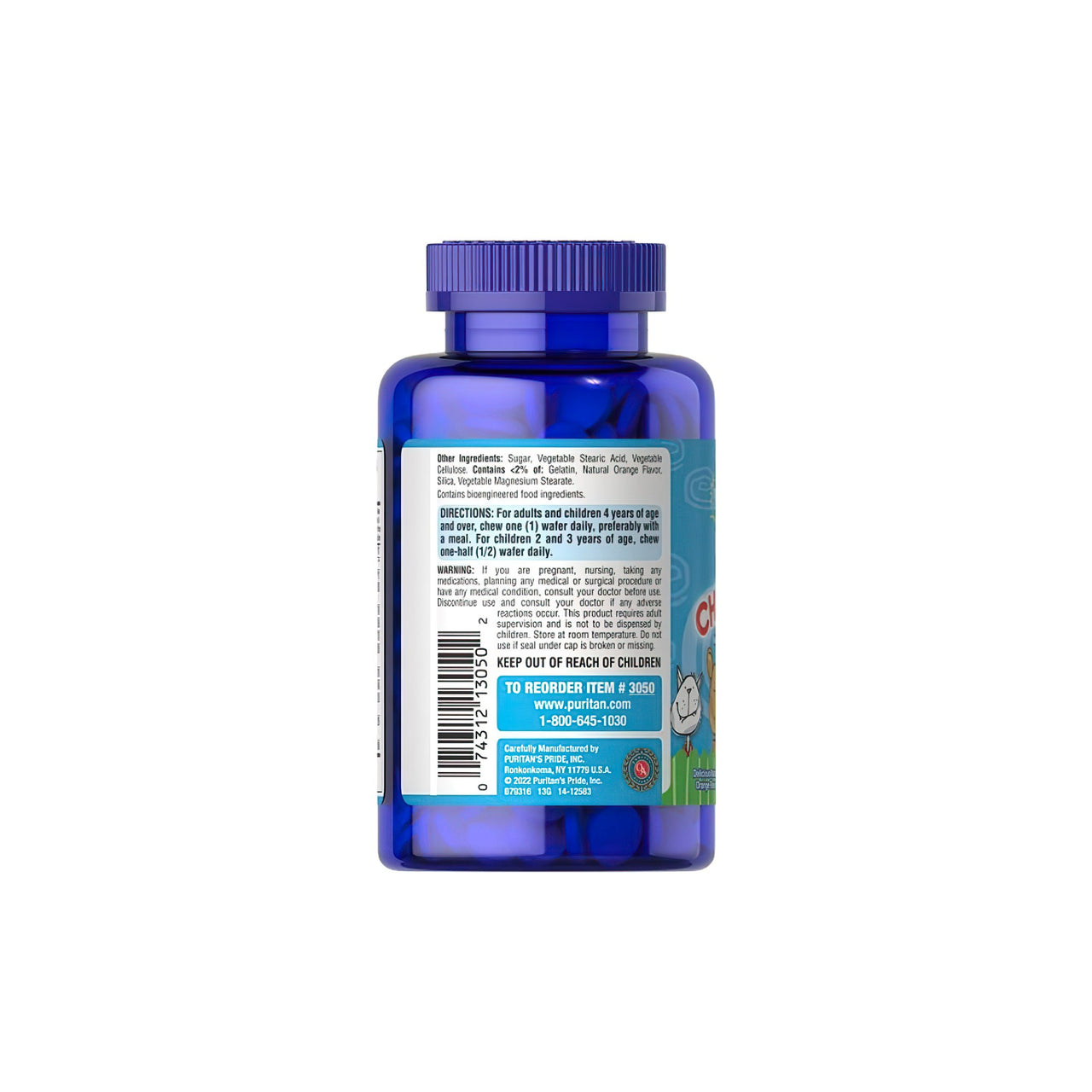 O verso de um frasco azul de PRE- Vites Chlidren's multivitamin 100 wafers mastigáveis, contendo vitaminas essenciais de Puritan's Pride.