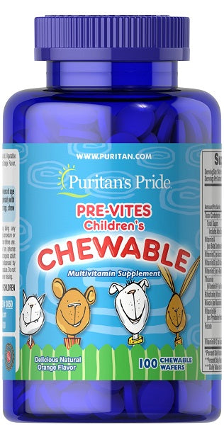 Um frasco de Pre- Vites Multivitamínico infantil 100 bolachas mastigáveis, repleto de vitaminas essenciais, Puritan's Pride.
