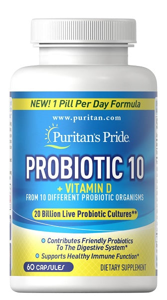 Puritan's Pride Probiotic 10 plus Vitamin D3 1000 IU 60 caps com Immune Support.