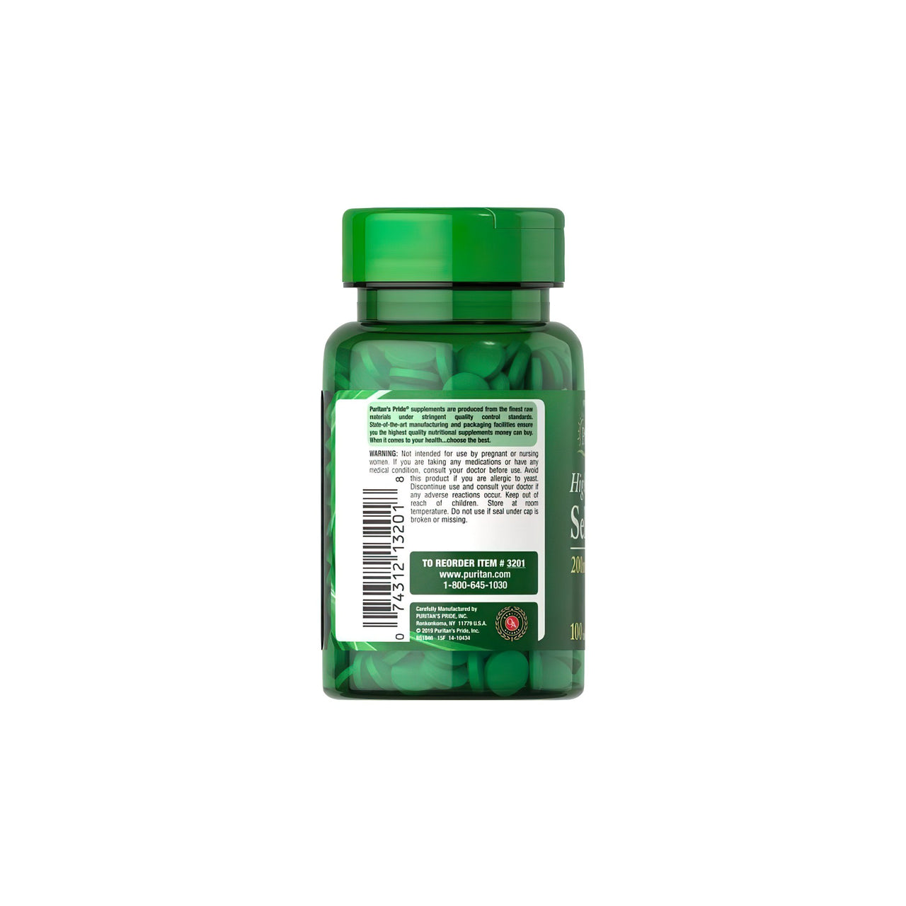 Um frasco de Puritan's Pride Selenium 200 mcg 100 comprimidos, um suplemento alimentar que contém chá verde, um antioxidante, sobre um fundo branco.