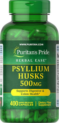 Thumbnail for Promove a saúde digestiva com Puritan's Pride Psyllium Husks 500 mg 400 Rapid Release Capsules, uma fonte de fibra solúvel para uma óptima saúde do cólon.