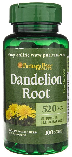 Um frasco de Puritan's Pride Dandelion Root - 520 mg 100 caps.