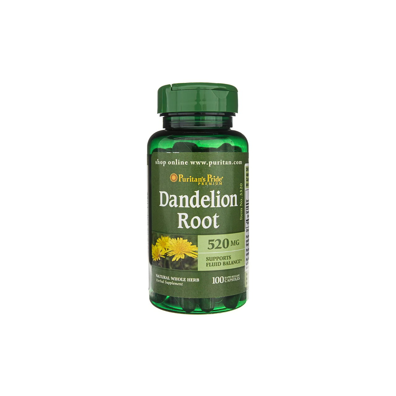 Um frasco de Puritan's Pride Dandelion Root - 520 mg 100 caps.