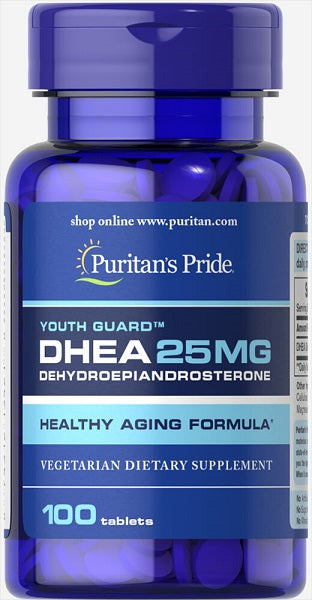 Um frasco de Puritan's Pride DHEA - 25 mg 100 tabs.
