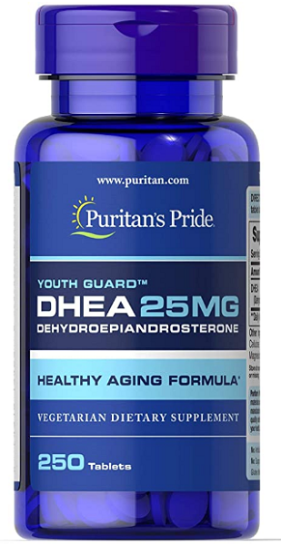 Um frasco de Puritan's Pride DHEA - 25 mg 250 tabs.