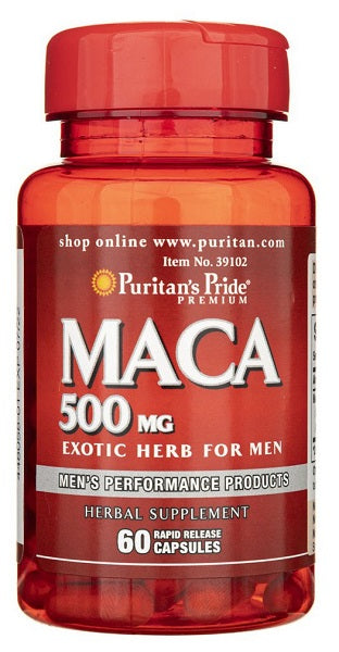 Um frasco de Puritan's Pride Maca 500 mg 60 Rapid Release Capsules para homem.