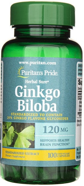 Um frasco de Extrato de Ginkgo Biloba 24% 120 mg 100 cápsulas de Puritan's Pride.