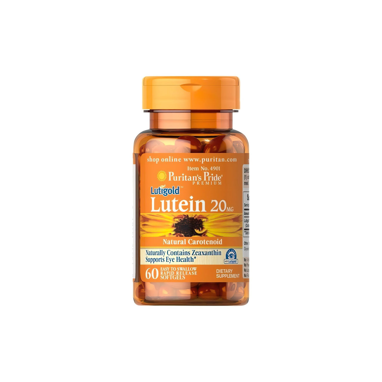 Um frasco de Puritan's Pride Lutein 20 mg with Zeaxanthin 60 Softgel com um fundo branco.