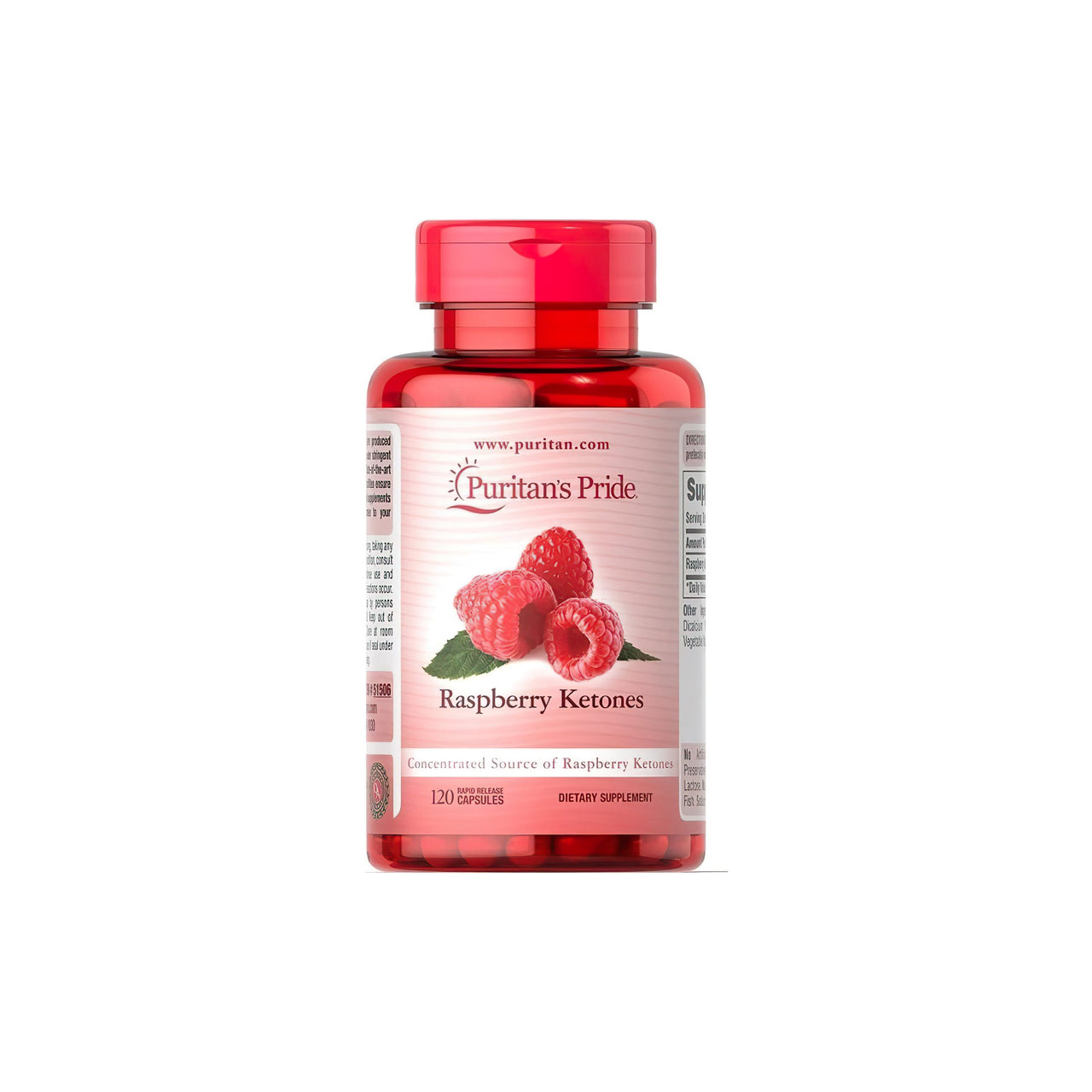 Um frasco de Raspberry Ketones 100 mg 120 cápsulas Rapid Realase, ricas em antioxidantes, da marca Puritan's Pride.