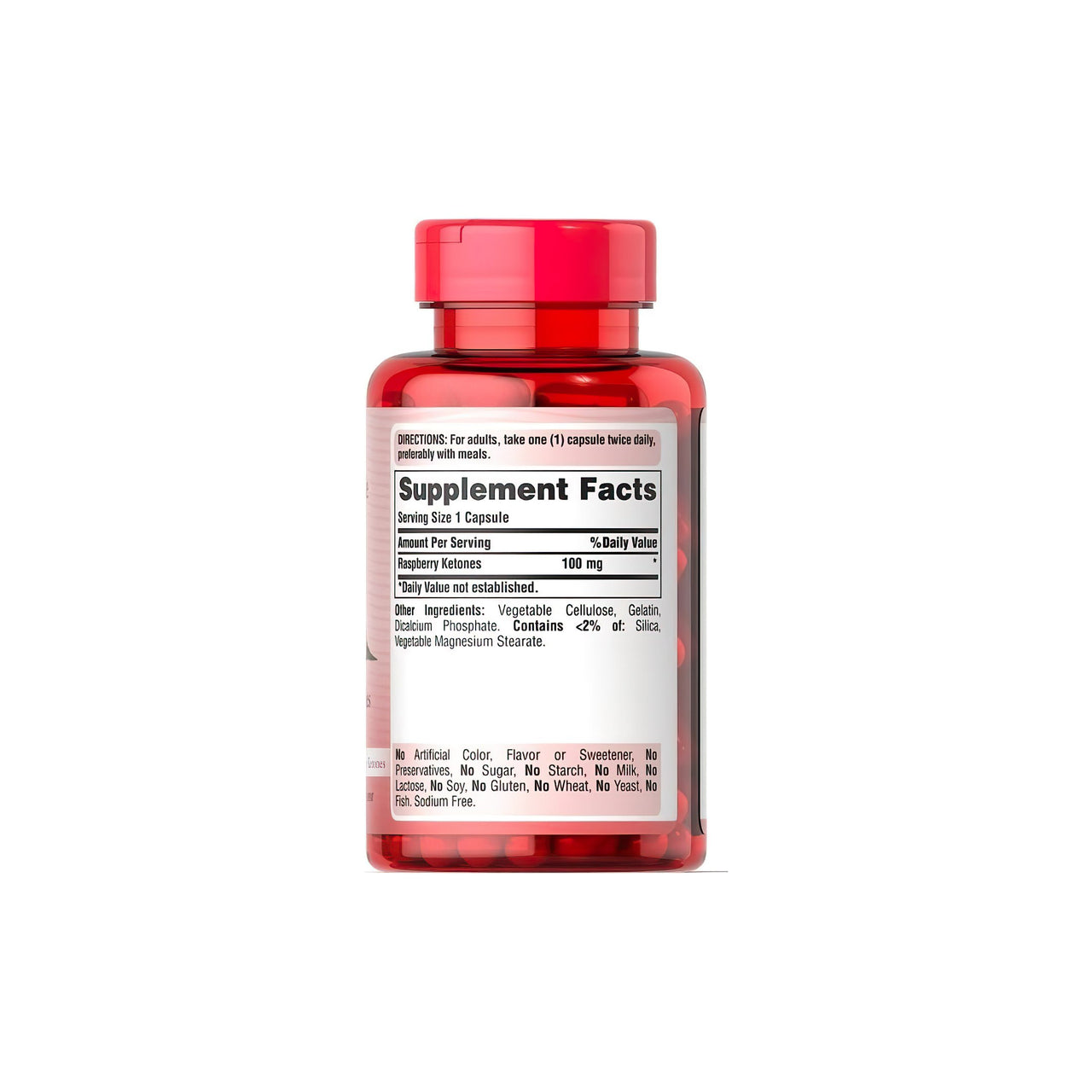 Um frasco de Puritan's Pride Raspberry Ketones 100 mg 120 Rapid Realase capsules sobre um fundo branco.