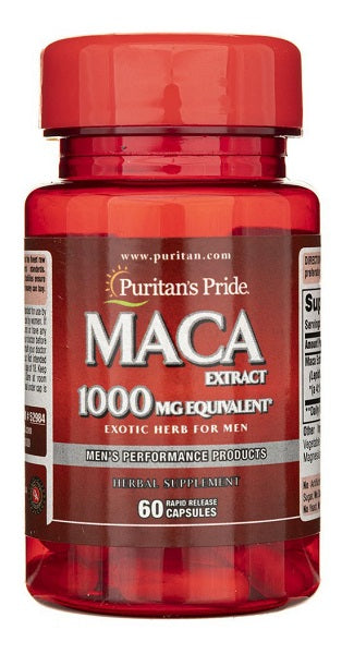 Um frasco de Puritan's Pride Maca 1000 mg 60 cápsulas de libertação rápida.