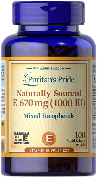 Puritan's Pride Vitamin E 1000 IU Mixed Tocopherols 100 Rapid Release Softgels fornece apoio antioxidante para a saúde cardiovascular.