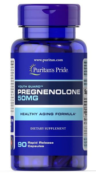 Um frasco de Puritan's Pride pregnenolone 50 mg 90 Rapid Release Capsules concebido para um regime de envelhecimento saudável.