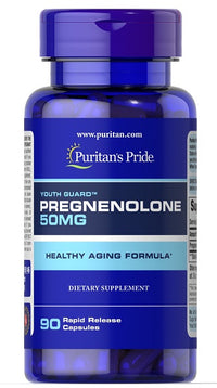 Thumbnail for Um frasco de Puritan's Pride pregnenolone 50 mg 90 Rapid Release Capsules concebido para um regime de envelhecimento saudável.