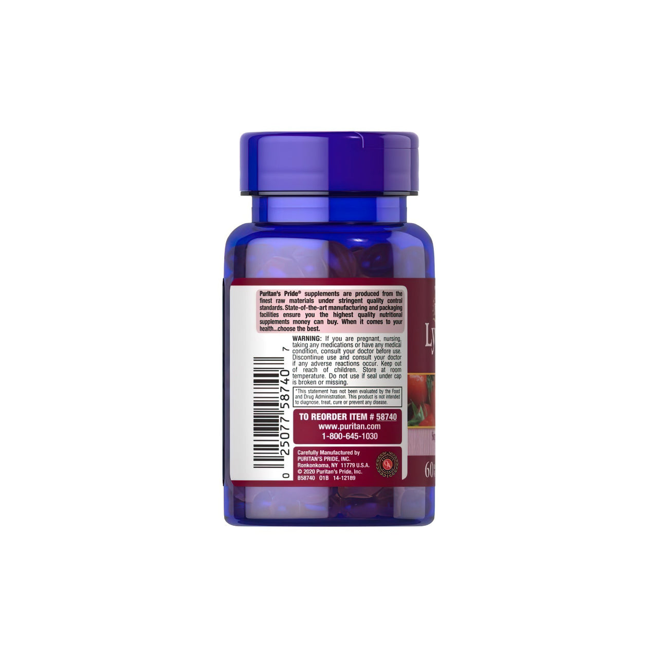 Um frasco de Lycopene 20 mg 60 Rapid Release Softgels da Puritan's Pride sobre um fundo branco.