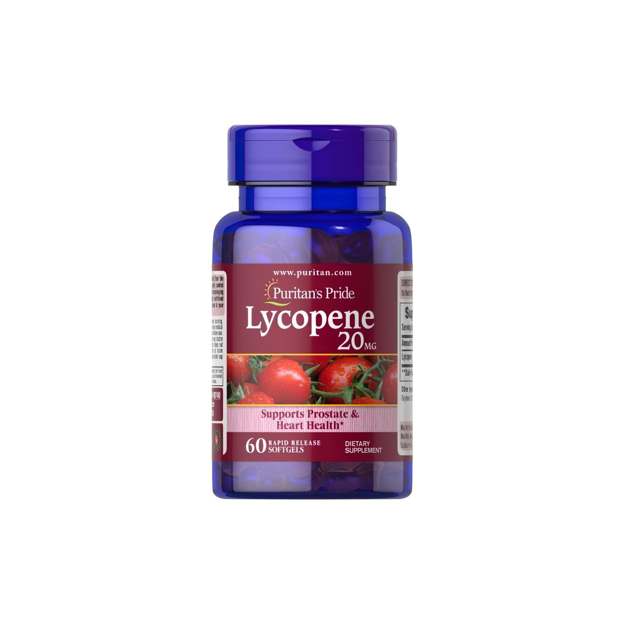 Um frasco de Lycopene 20 mg 60 Rapid Release Softgels com tomate de Puritan's Pride.