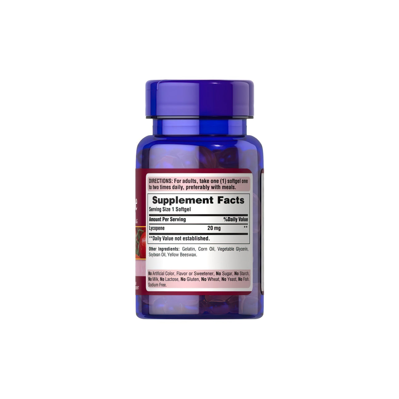 Um frasco de Lycopene 20 mg 60 Rapid Release Softgels da Puritan's Pride sobre um fundo branco.