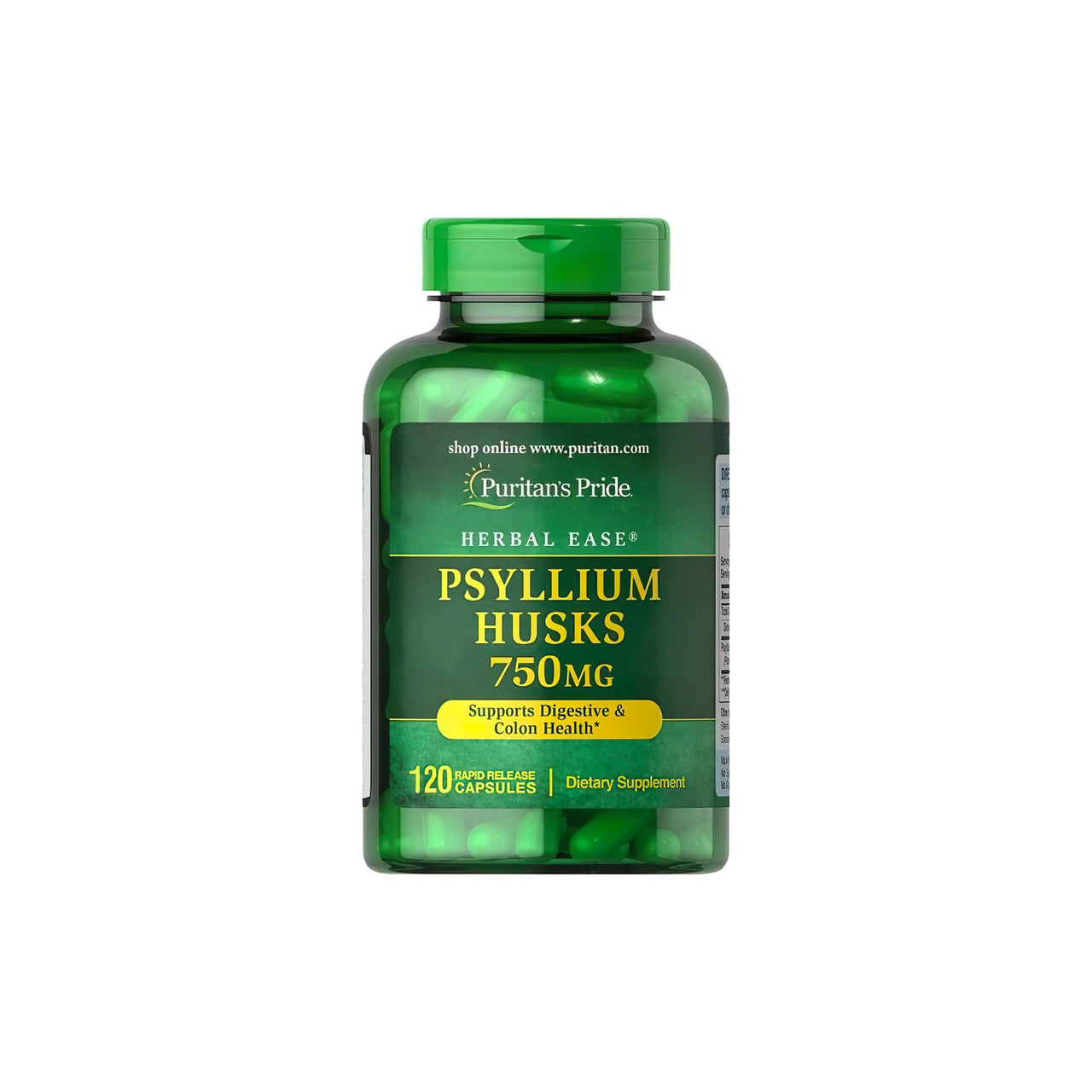 Um desintoxicante natural para o sistema digestivo, este frasco de Puritan's Pride Psyllium Husks 750 mg 120 Rapid Release Capsules contém cascas de psílio de primeira qualidade.