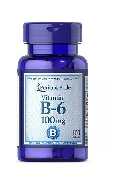 Puritan's Pride Vitamin B-6 Pyridoxine 100mg capsules for energy metabolism and cardio health.