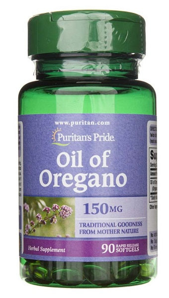 Um frasco de Puritan's Pride Oregano Oil 150 mg 90 Rapid Release Softgels para aumentar a imunidade.