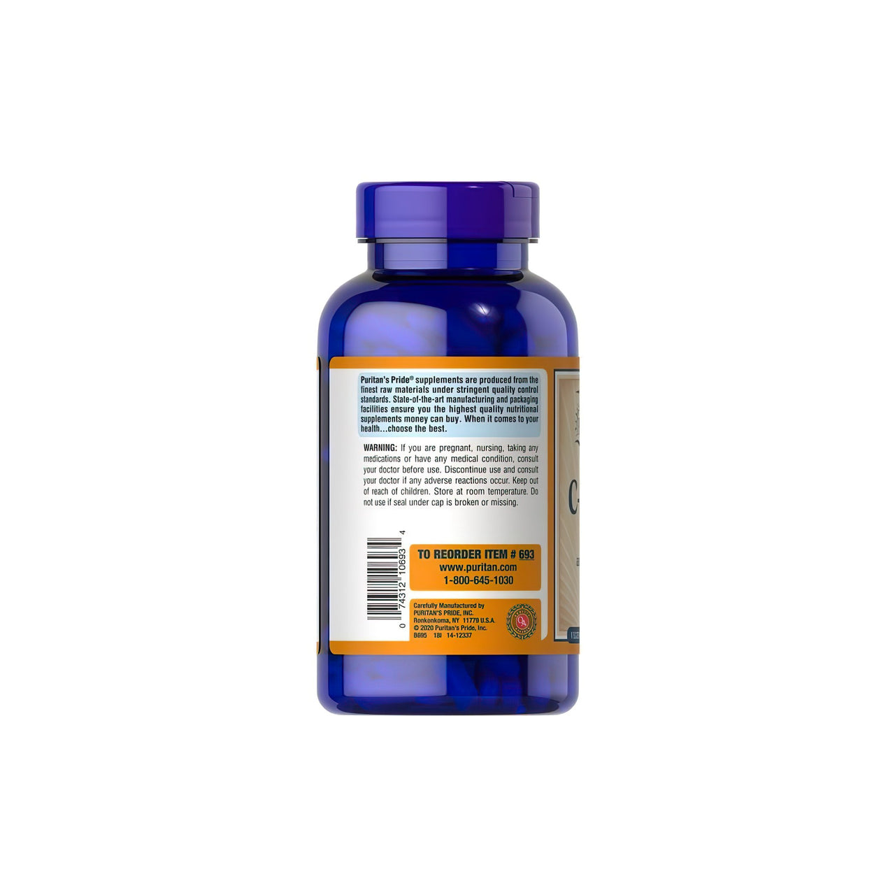 Um frasco de Puritan's Pride Vitamin C-1000 mg with Bioflavonoids & Rose Hips 250 Caplets sobre um fundo branco.
