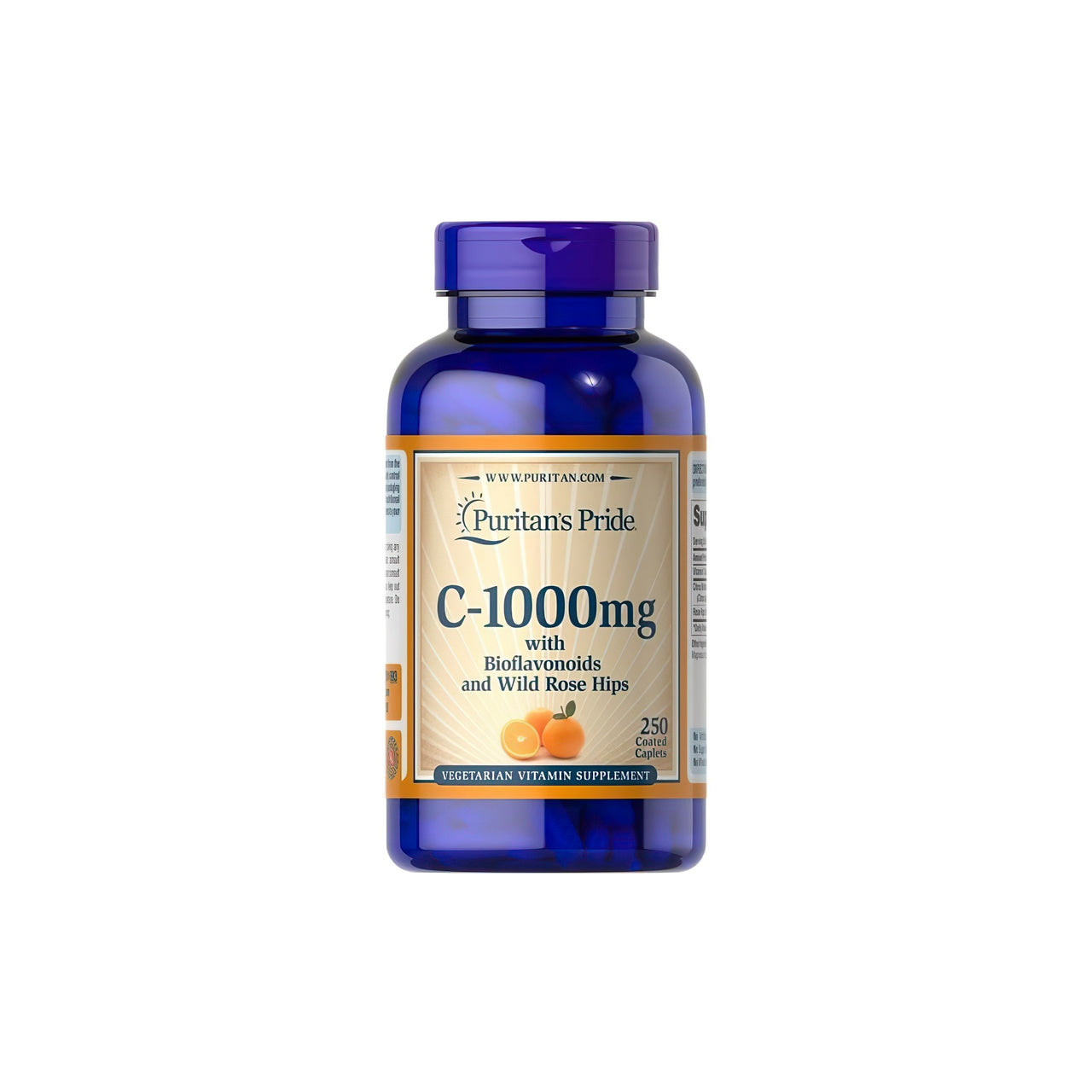 Um frasco de Puritan's Pride Vitamin C-1000 mg with Bioflavonoids & Rose Hips 250 Caplets.
