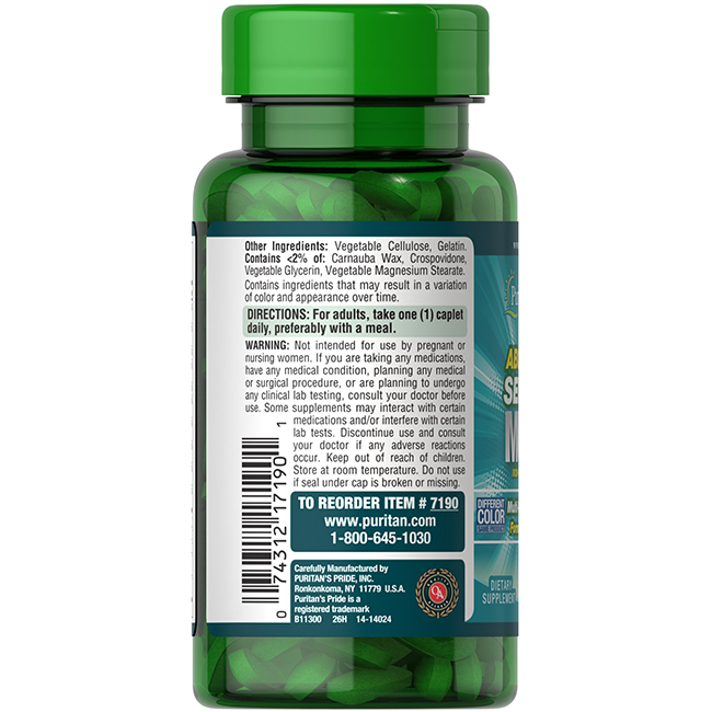 Green bottle of Puritan's Pride ABC Plus Senior Multi 60 Coated Caplets features a label with ingredients, directions, and warnings. Formulated with nutrients to support the immune system, it offers comprehensive health benefits for mature adults.