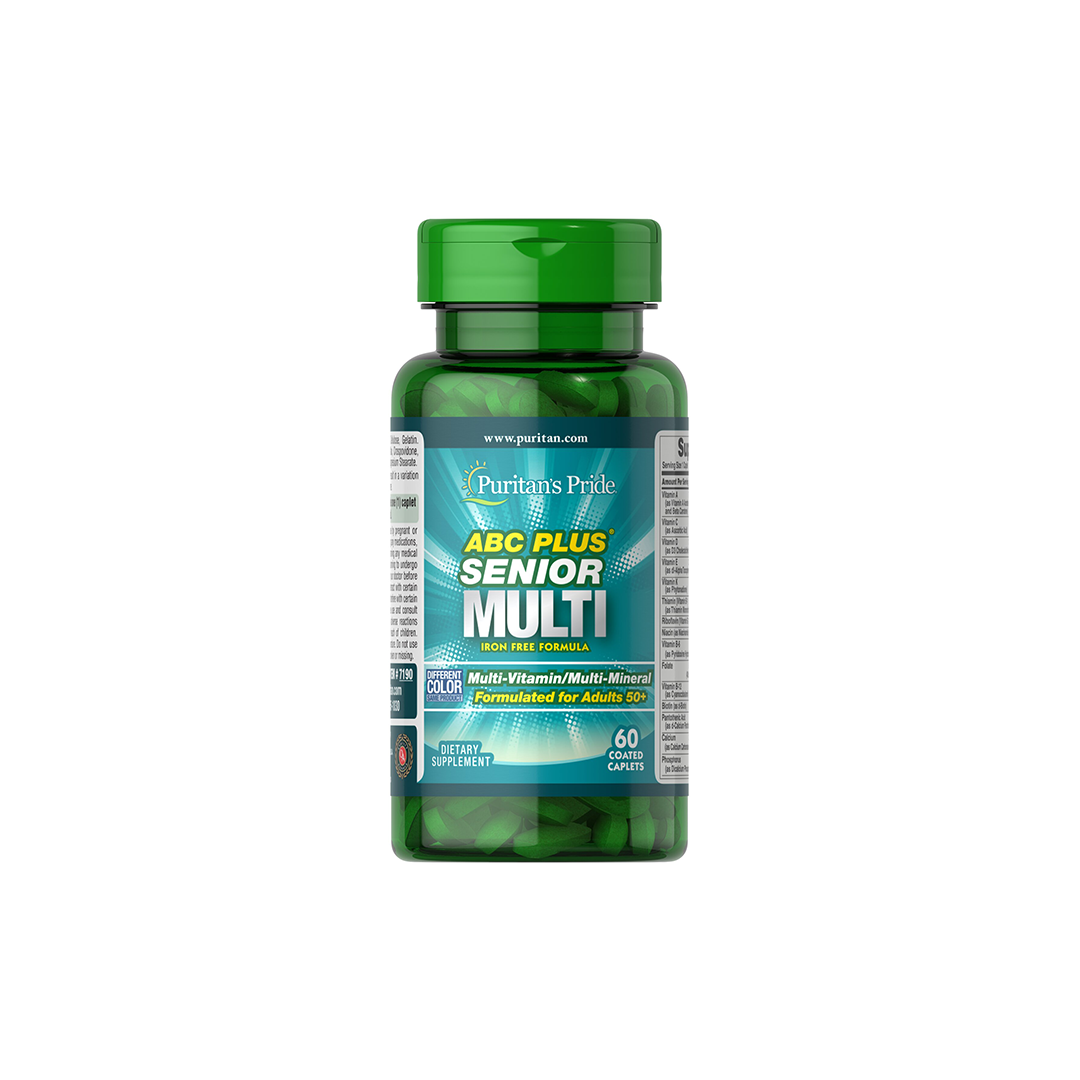 A green bottle of Puritan's Pride ABC Plus Senior Multi 60 Coated Caplets, a dietary supplement for individuals 50+, is packed with key nutrients to support the immune system specifically for adults aged 50 and above.