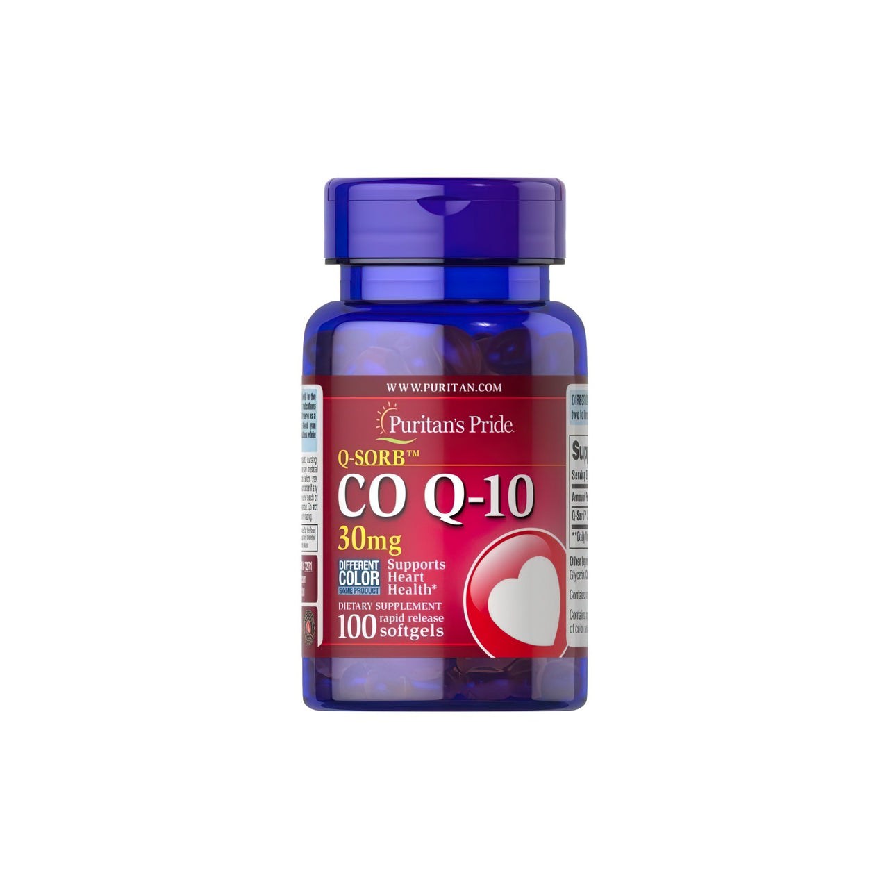 Um frasco de Puritan's Pride Q-SORB™ Co Q-10 30 mg 100 cápsulas de gelatina mole de libertação rápida com um coração, conhecido por aumentar a resistência e os níveis de energia.