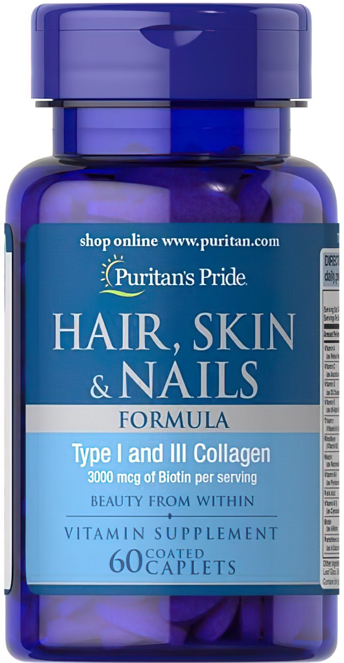 Um frasco de Puritan's Pride Hair, Skin and Nails 60 Coated Caplets.