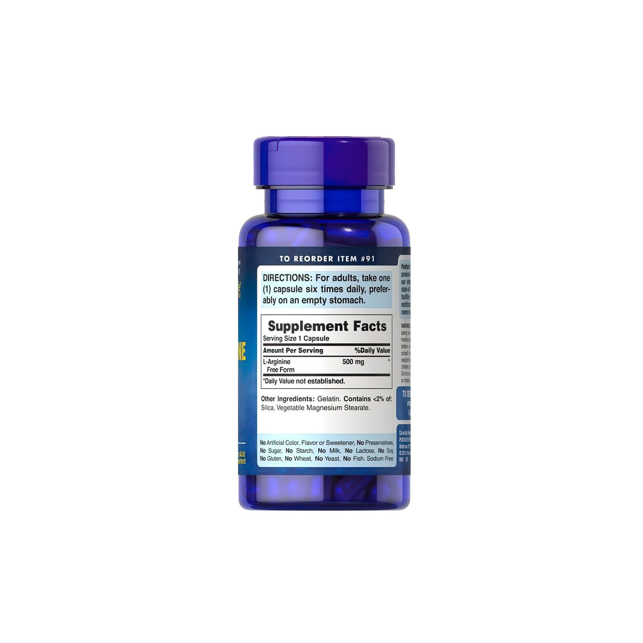 L-arginina 500 mg forma livre 100 cápsulas - factos do suplemento