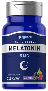 Miniatura de um frasco de PipingRock Melatonin 5 mg 200 Fast Dissolve Tablets sabor a bagas.