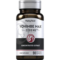 Thumbnail for A bottle of PipingRock Yohimbe max 2200 mg 90 Quick Release Capsules dietary supplement, featuring 90 quick-release capsules with 2200 mg per serving of concentrated Yohimbe bark extract for sexual health support.
