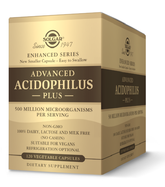 Uma caixa de Solgar Advanced Acidophilus Plus 120 cápsulas vegetais.