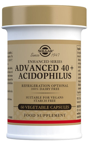 Um frasco de Solgar's Advanced 40+ Acidophilus 60 Cápsulas Vegetais.