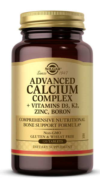 Um frasco de Solgar's Advanced Calcium Complex 120 comprimidos.