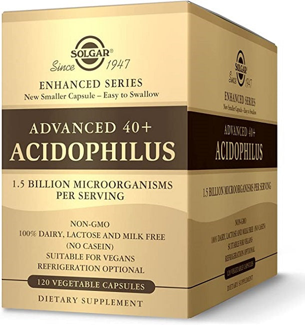 Uma caixa de Solgar Advanced 40+ Acidophilus 120 Cápsulas Vegetais.