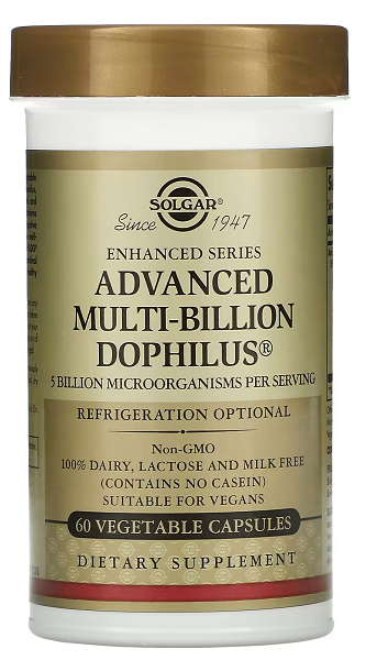 Um frasco de Solgar's Advanced Multi-Billion Dophilus 60 Vegetable Capsules.