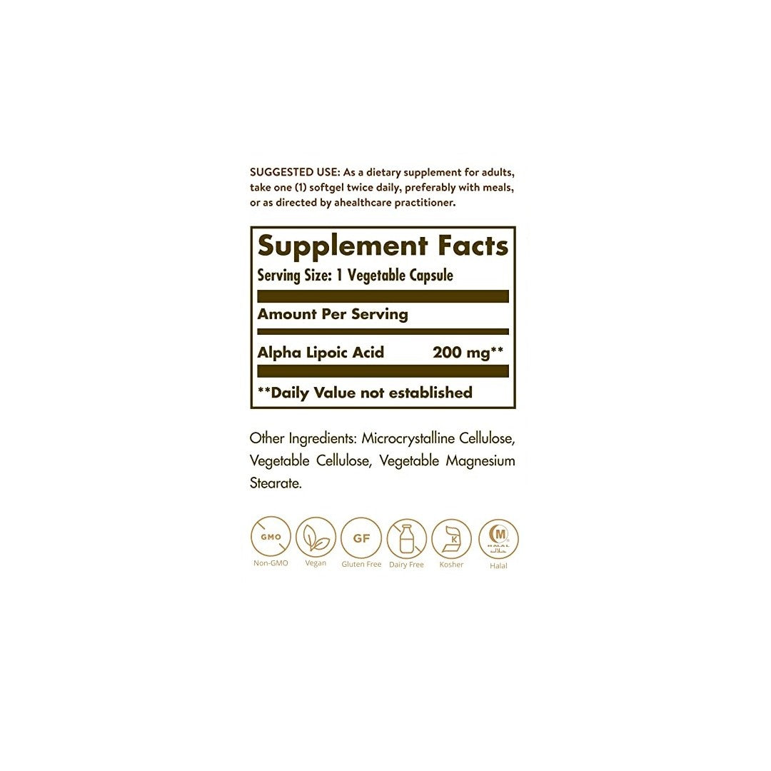 Um rótulo com os ingredientes do suplemento Solgar Alpha Lipoic Acid 200 mg 50 Vegetable Capsules.