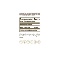 Miniatura de um rótulo que mostra os ingredientes do suplemento Solgar Alpha Lipoic Acid 200 mg 50 Vegetable Capsules.