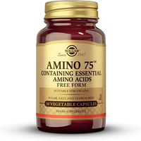 Thumbnail for A bottle of Solgar AMINO 75, featuring essential amino acids for muscle regeneration and suitable for vegans, comes with 30 vegetable capsules.