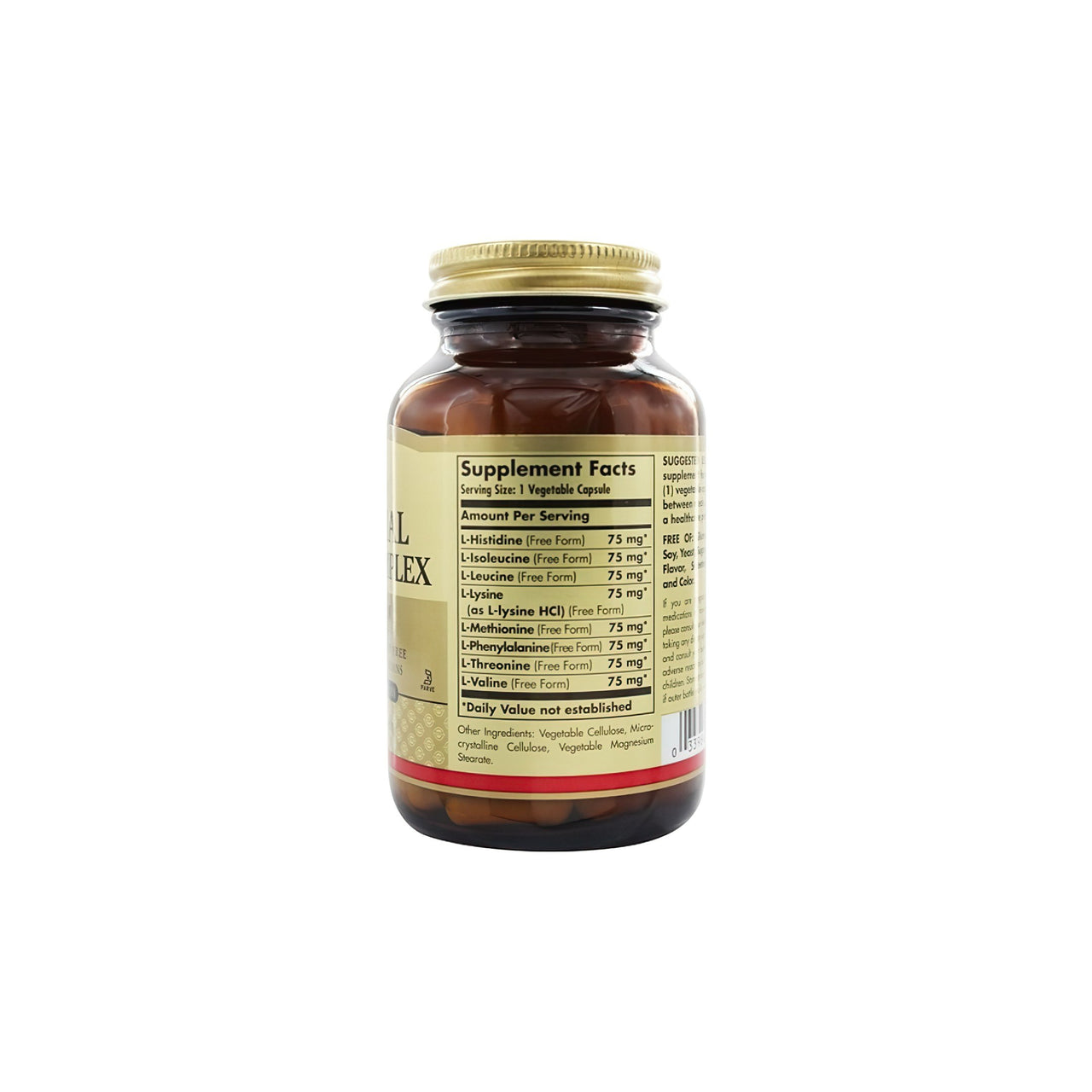 Um frasco de Solgar Essential Amino Complex 60 cápsulas vegetais sobre um fundo branco.