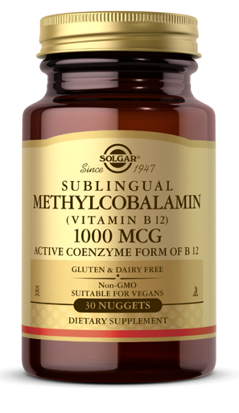 A brain-boosting supplement, featuring a jar of Solgar Vitamin B-12 1000 mcg Methylcobalamin 30 Nuggets.