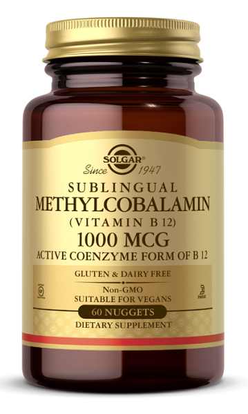 A brain-boosting bottle of Solgar Vitamin B-12 1000 mcg Methylcobalamin 60 Nuggets.