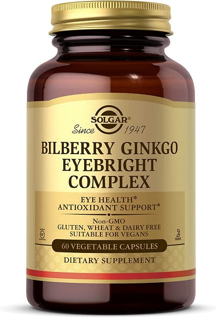 Um frasco de suplemento alimentar contendo 60 cápsulas vegetais de Bilberry Ginkgo Eyebright Complex Plus Lutein de Solgar.