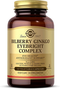 Miniatura de Um frasco de suplemento alimentar contendo 60 cápsulas vegetais de Bilberry Ginkgo Eyebright Complex Plus Lutein da Solgar.