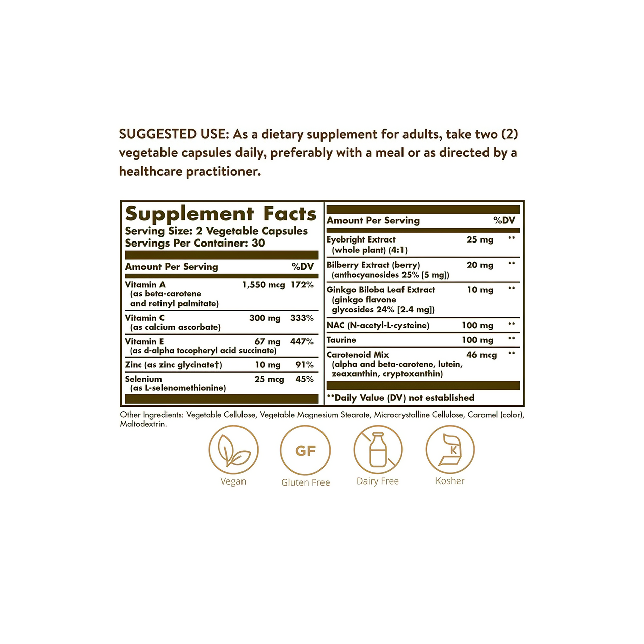 Rótulo que apresenta os ingredientes do suplemento alimentar Solgar, Bilberry Ginkgo Eyebright Complex Plus Lutein, em 60 cápsulas vegetais.