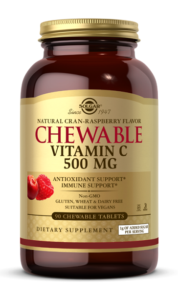 Solgar's chewable vitamin C tablets for a healthy immune system with 5000mg dosage are the Vitamin C 500 mg chewable tablets in cran raspberry flavor.