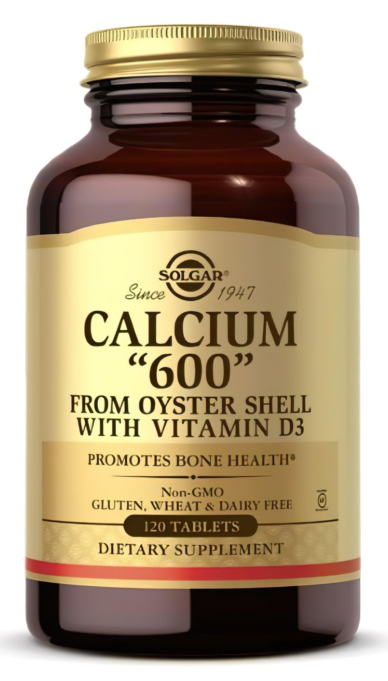 Um frasco de Solgar's Calcium "600" 120 comprimidos (de concha de ostra com vitamina D3) de concha de ostra.